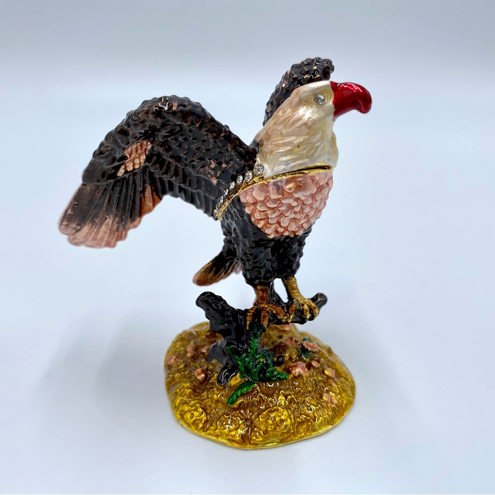 Bald Eagle Enameled Bejeweled Shiny Metal Hinged Trinket Box Magnetic Closure